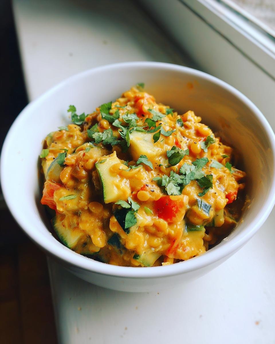 Bowl of Cremiges Zucchini-Linsen-Curry, garnished with fresh cilantro, ready to eat.
