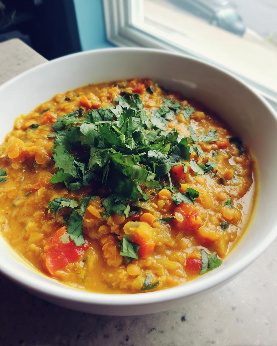Bowl of Cremiges Zucchini-Linsen-Curry topped with fresh cilantro, showcasing the vibrant colors and textures of the dish.