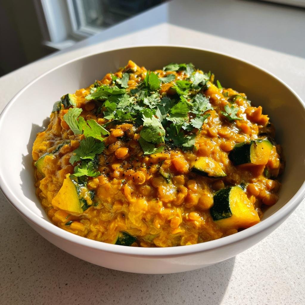 Bowl of Cremiges Zucchini-Linsen-Curry, garnished with fresh cilantro. A vibrant and delicious vegan meal.