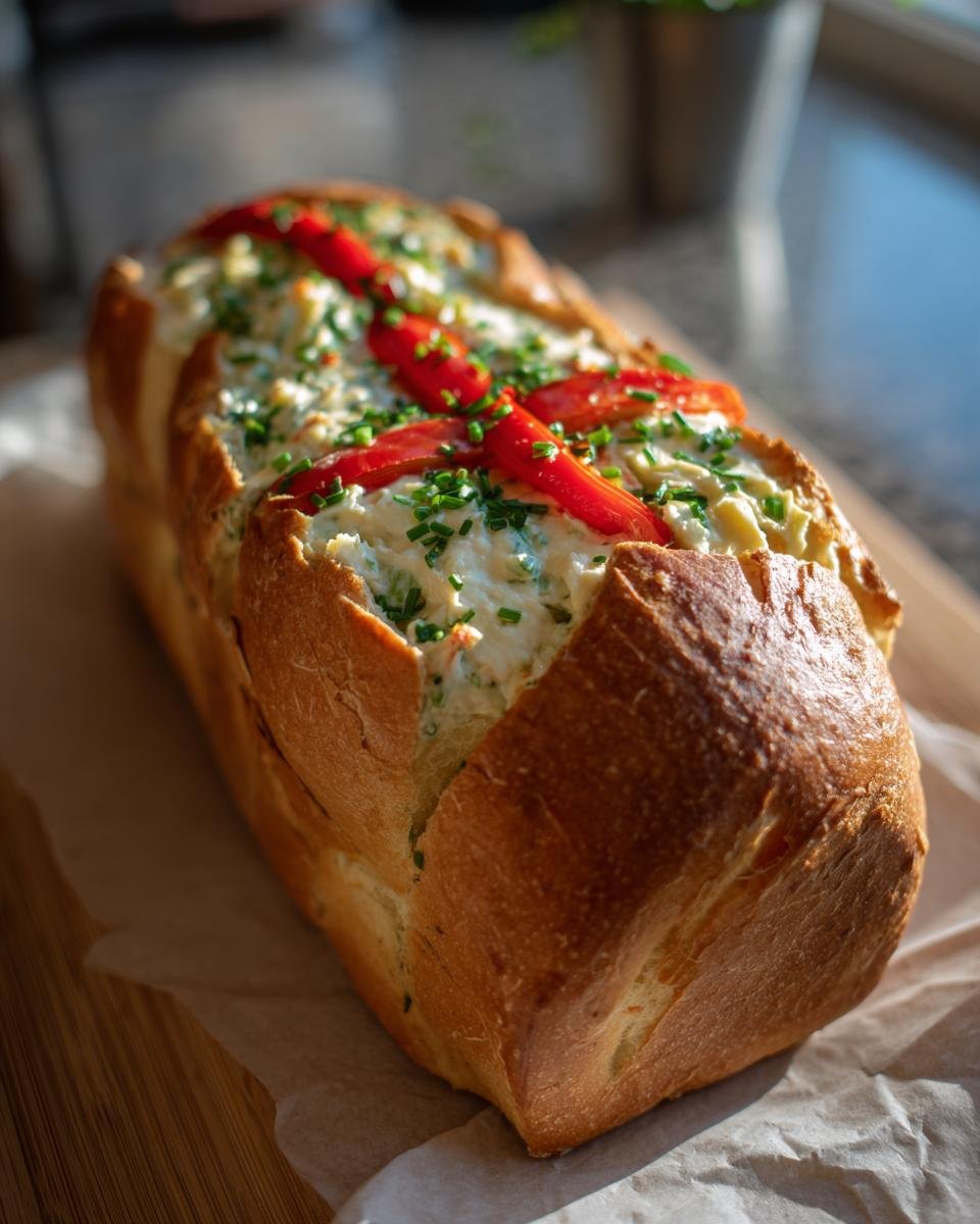 A loaf of bread carved out and filled with a creamy salad, decorated with red peppers for DIY Sarg-Sandwiches.