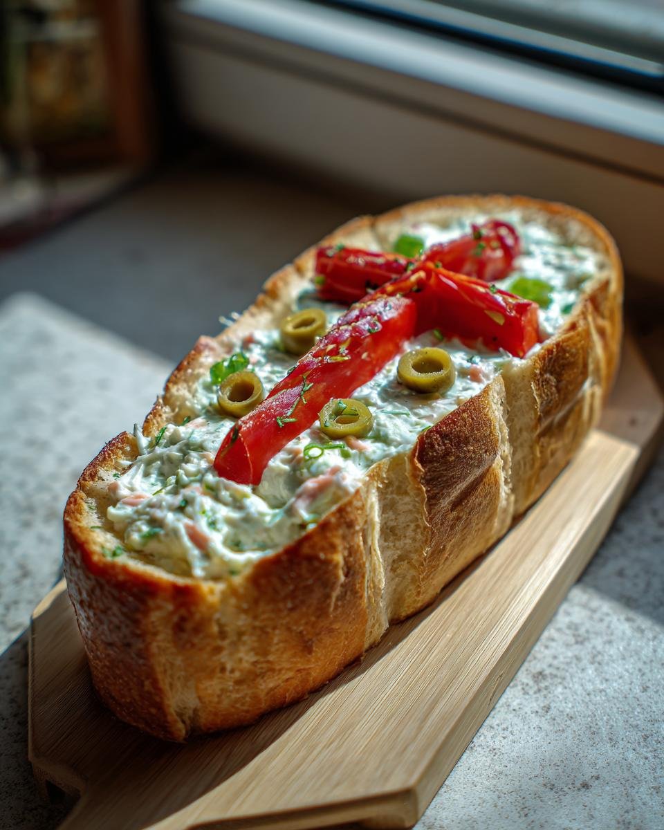 DIY Sarg-Sandwiches: Loaf of bread carved out and filled with salad, decorated with tomatoes and olives.