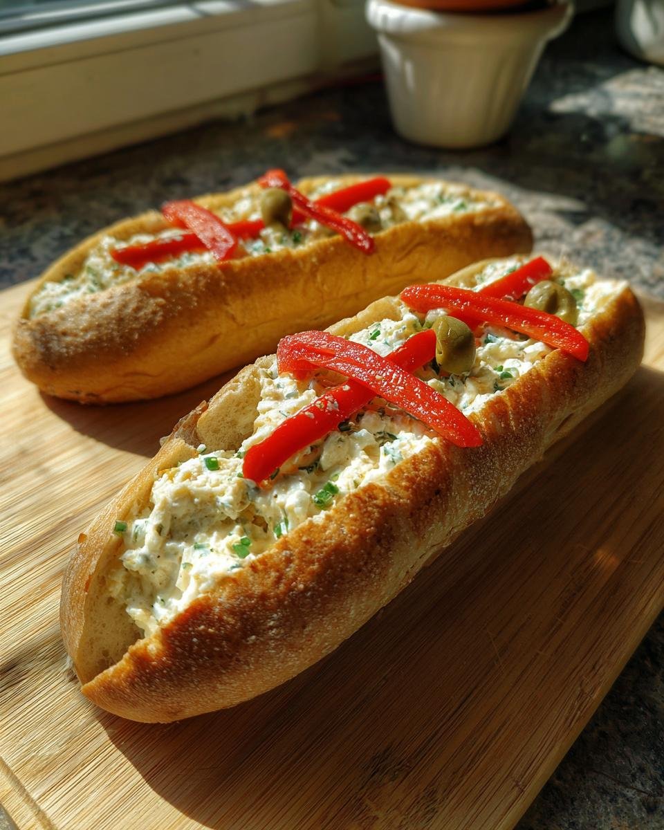 Zwei DIY Sarg-Sandwiches gefüllt mit Frischkäse, Oliven und Paprika für eine Halloween-Party.