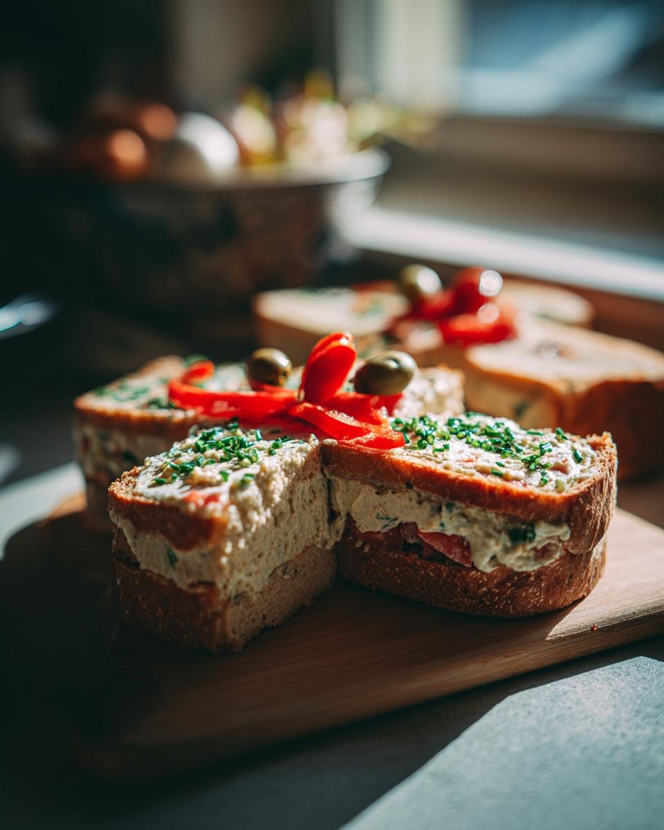 DIY Sarg-Sandwiches, dekoriert mit Paprika und Oliven, auf einem Holzbrett für eine Halloween-Party.