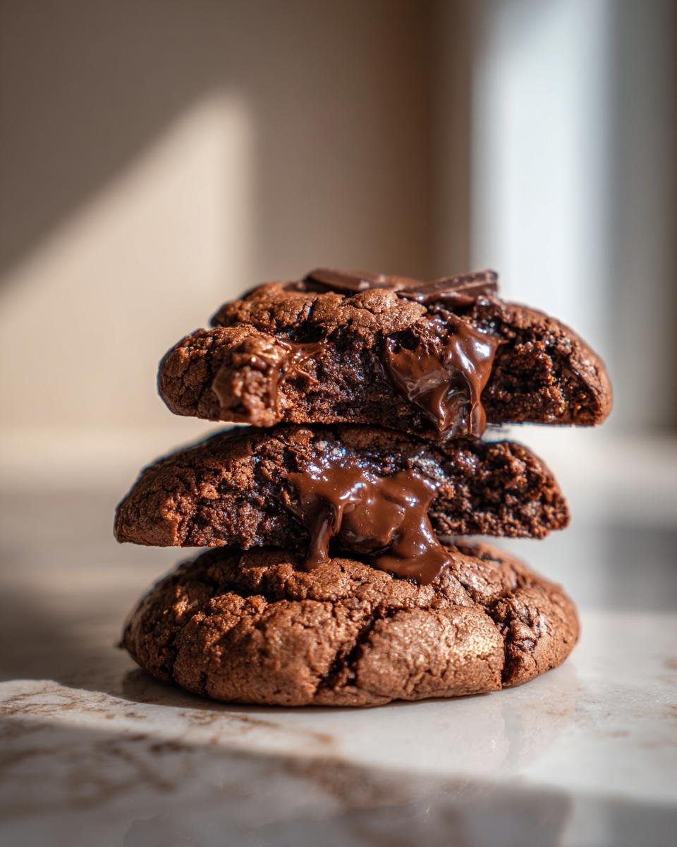 A stack of Doppelte Schokokekse with melted chocolate oozing out, showing their rich, decadent texture.