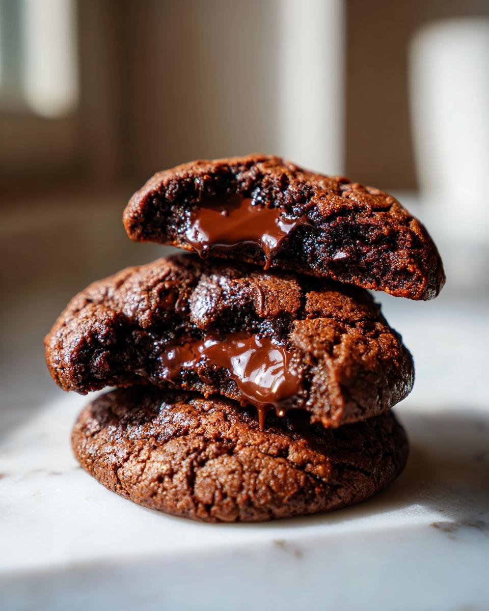 A stack of Doppelte Schokokekse with melted chocolate oozing out, showcasing their soft, chewy texture.