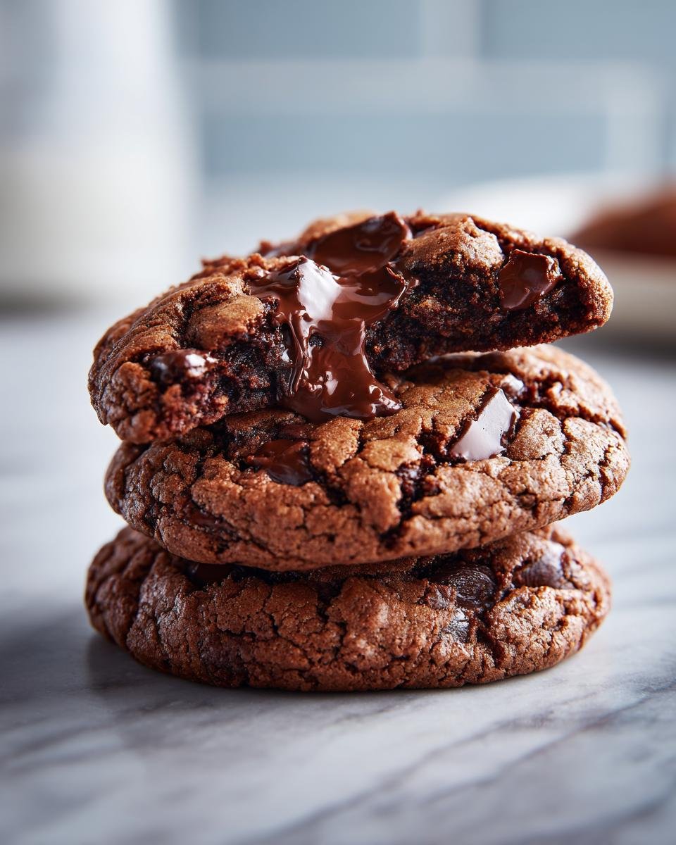 A stack of three Doppelte Schokokekse, the top one broken to show melting chocolate inside.