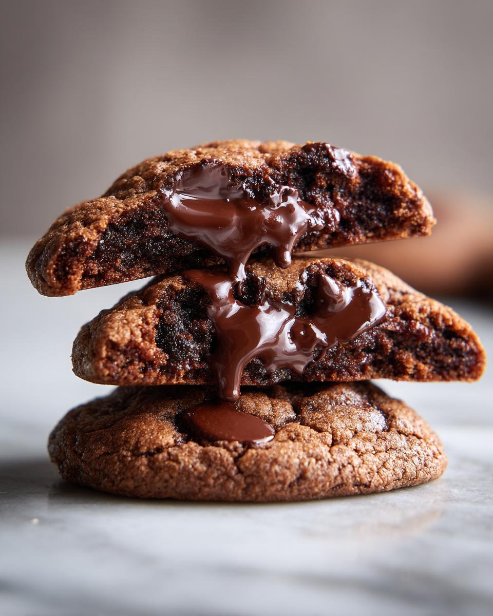A stack of Doppelte Schokokekse with melted chocolate oozing from the center of the top cookie.