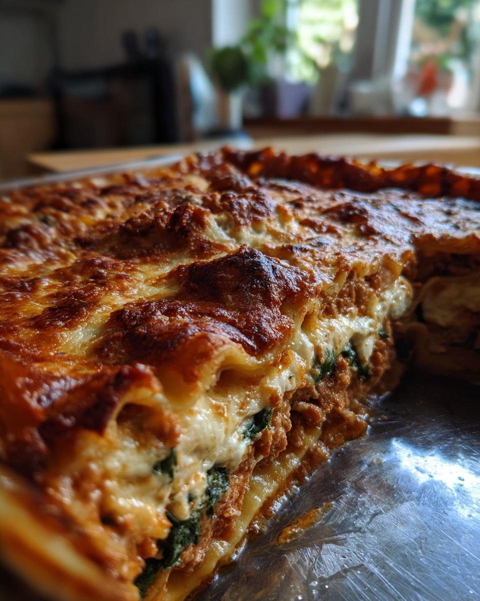 Close-up of Einfache Lasagne mit Spinat & Ricotta, showing layers of pasta, spinach, ricotta, and meat sauce.