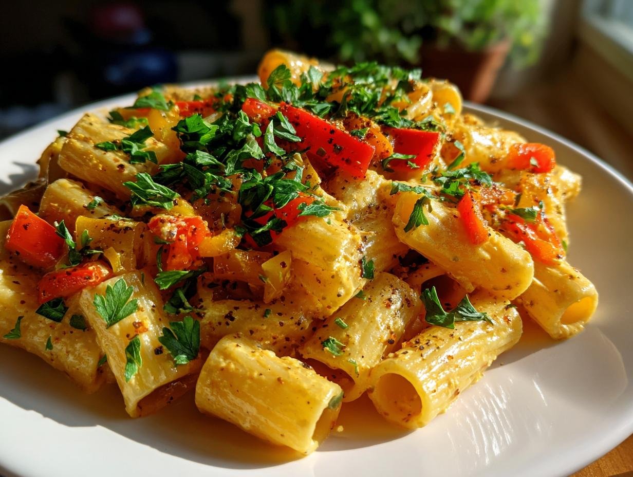 A plate of Einfache Lasagne mit Spinat & Ricotta pasta, featuring rigatoni, red peppers, and parsley.