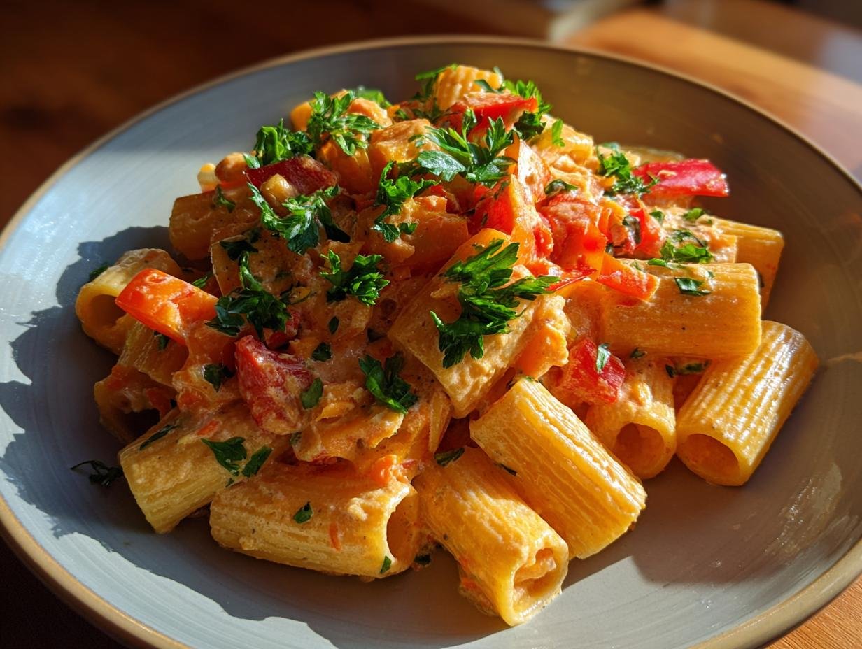 Close-up of Einfache Lasagne mit Spinat & Ricotta pasta dish with red peppers and parsley.