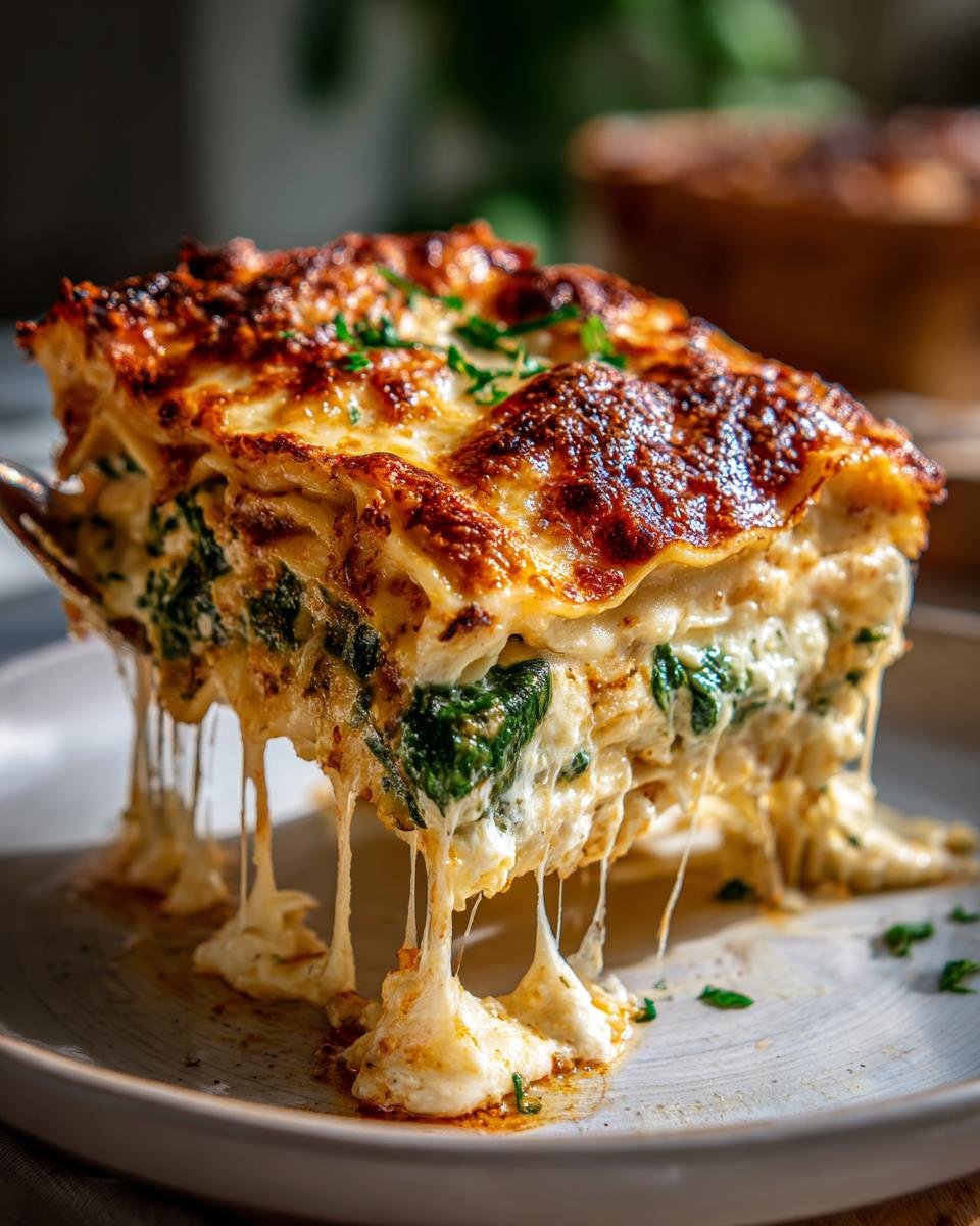 A slice of Einfache Lasagne mit Spinat & Ricotta, showcasing layers of pasta, spinach, ricotta, and melted cheese.