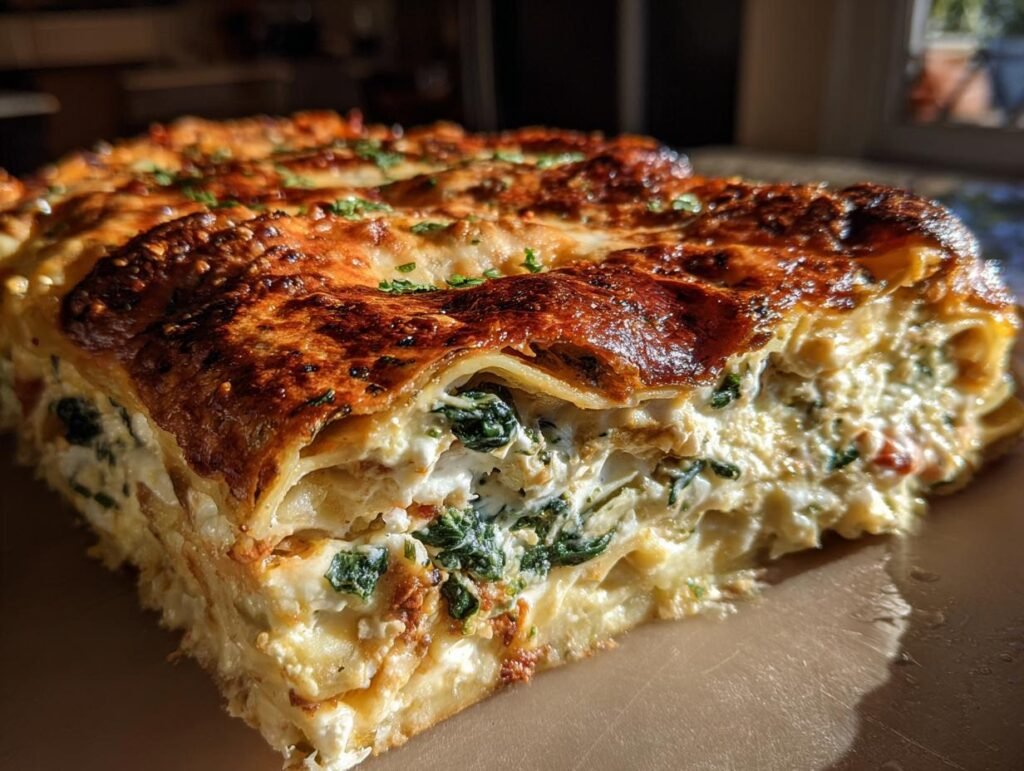 Close-up of a slice of Einfache Lasagne mit Spinat & Ricotta, showing layers of pasta, spinach, and ricotta cheese.