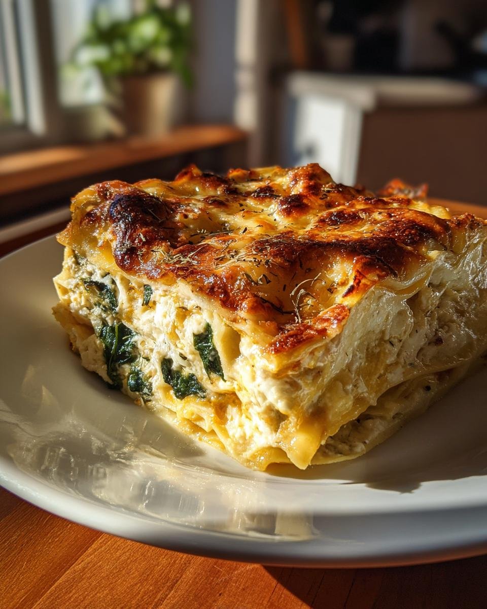 A slice of Einfache Lasagne mit Spinat & Ricotta, showcasing layers of pasta, spinach, and ricotta cheese.