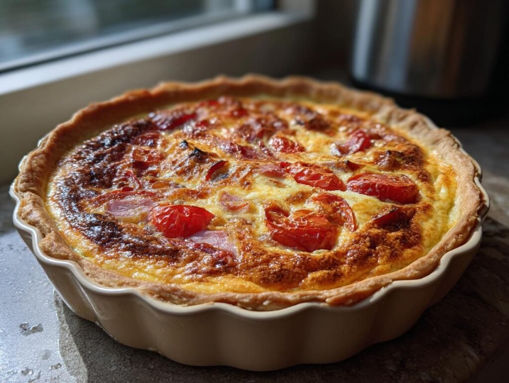 Frisch gebackene Einfache Tomaten-Quiche mit knusprigem Teig und saftiger Füllung.