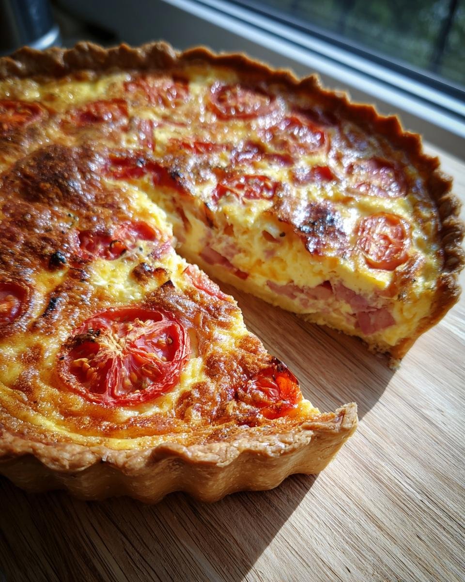 Nahaufnahme einer Einfache Tomaten-Quiche mit einem Stück, das herausgeschnitten wurde, auf einem Holzbrett.