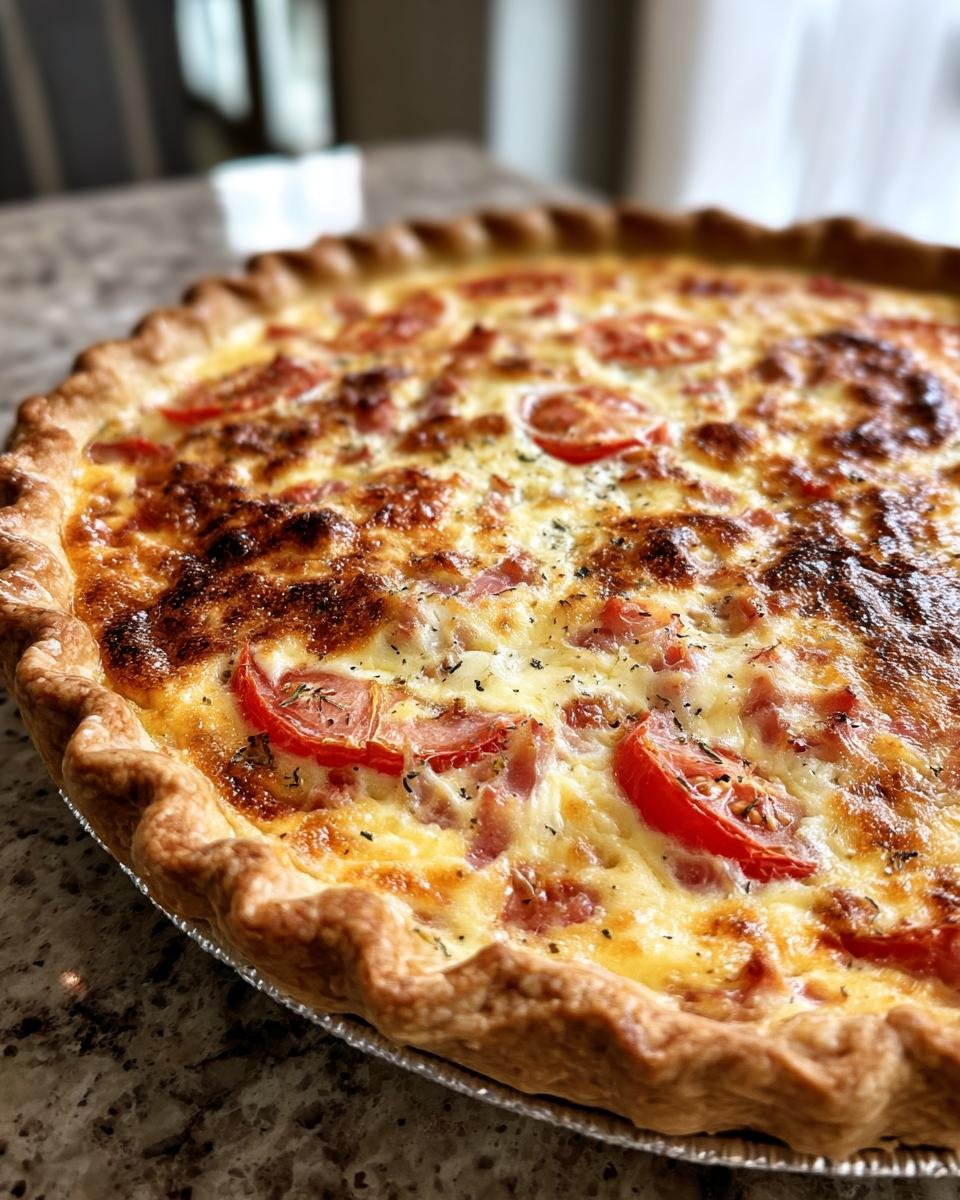 Close-up of a freshly baked Einfache Tomaten-Quiche, showcasing the golden crust and tomato topping.