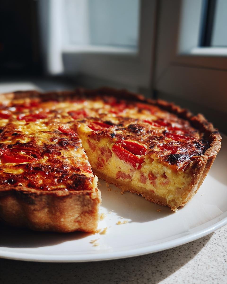 Eine frisch gebackene Einfache Tomaten-Quiche mit einem herausgeschnittenen Stück auf einem weißen Teller.