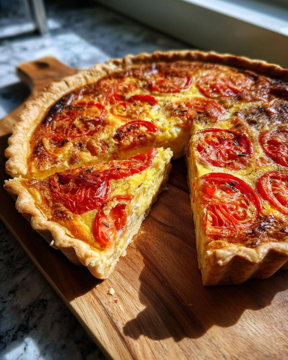 Freshly baked Einfache Tomaten-Quiche with a slice cut out, showcasing the tomato topping and flaky crust.