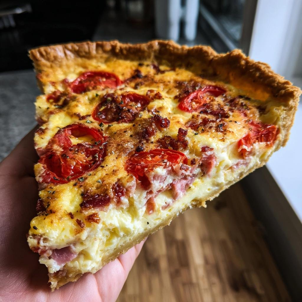 Close-up of a slice of Einfache Tomaten-Quiche held in a hand, showing tomatoes, crust, and filling.