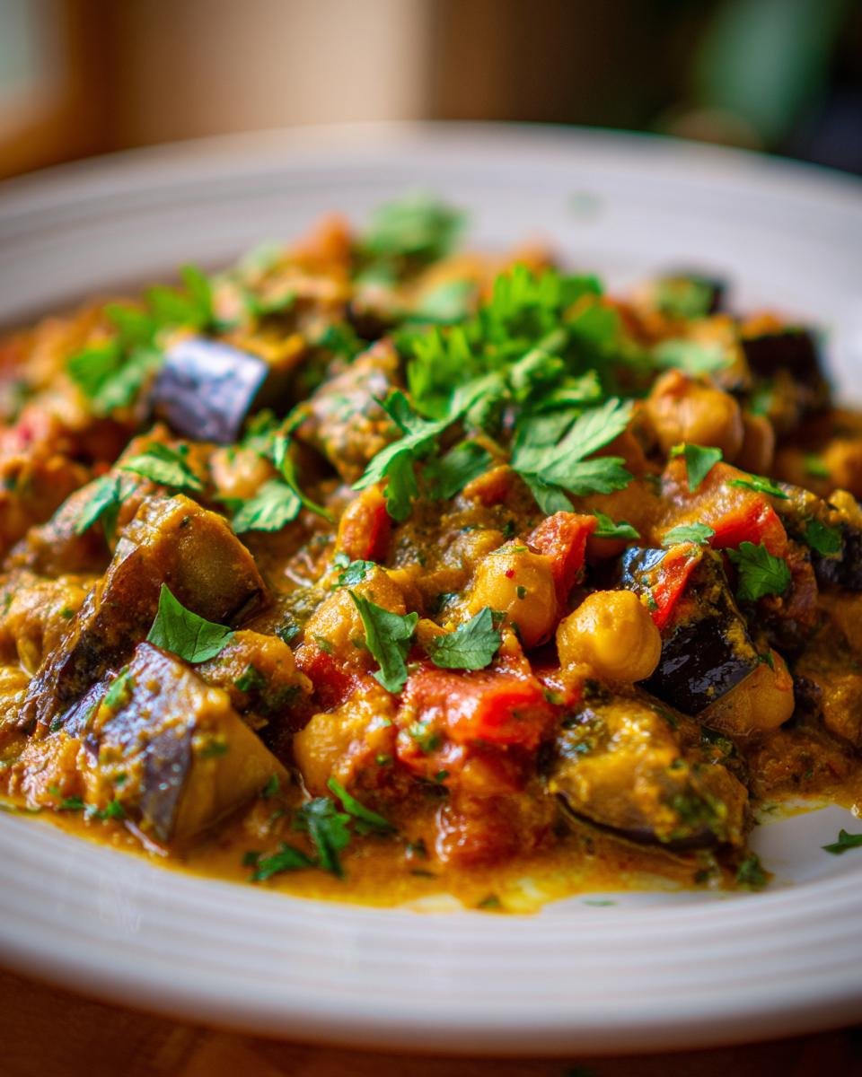 Close-up of Einfaches Auberginen-Curry mit Kichererbsen, a quick vegetarian dish with eggplant and chickpeas.
