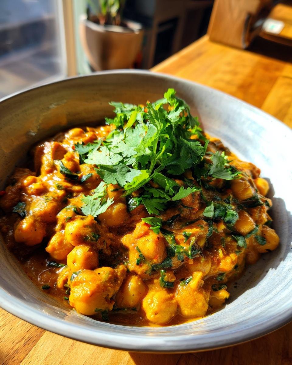 Close-up of Einfaches Auberginen-Curry mit Kichererbsen in a bowl, garnished with fresh cilantro.