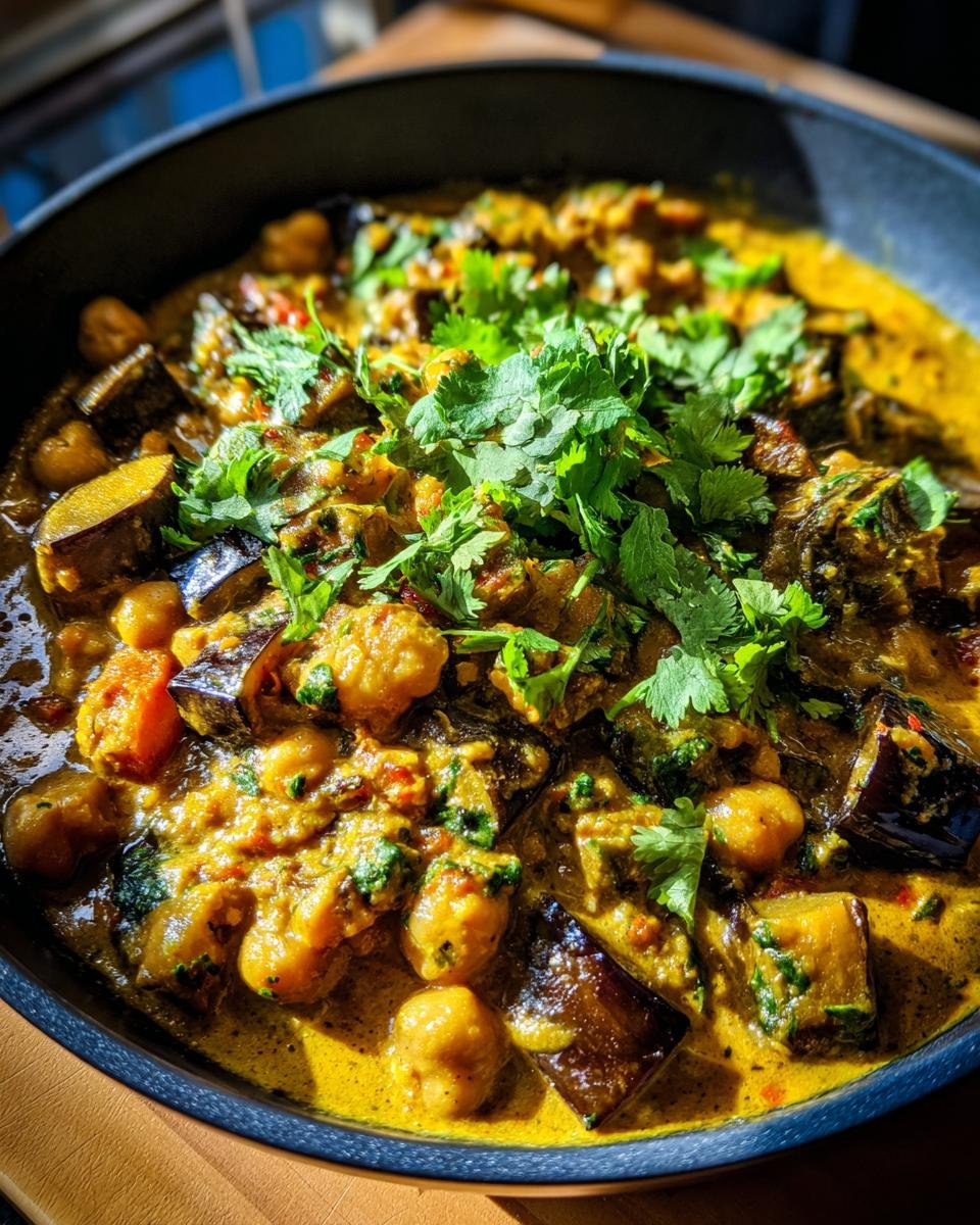 Close-up of Einfaches Auberginen-Curry mit Kichererbsen, garnished with fresh cilantro in a bowl.