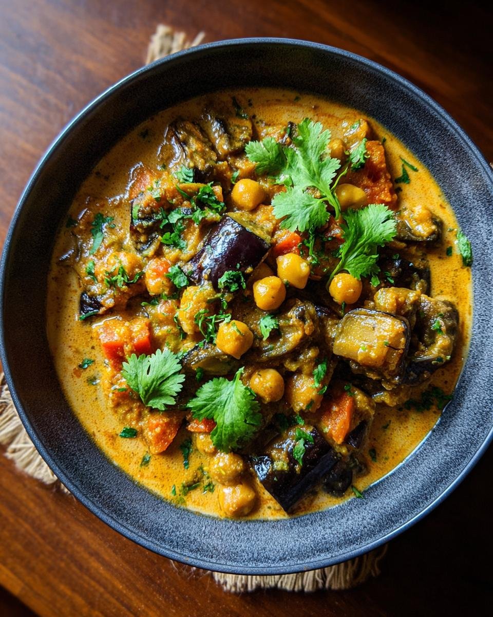Bowl of Einfaches Auberginen-Curry mit Kichererbsen, garnished with cilantro, on a wooden surface.