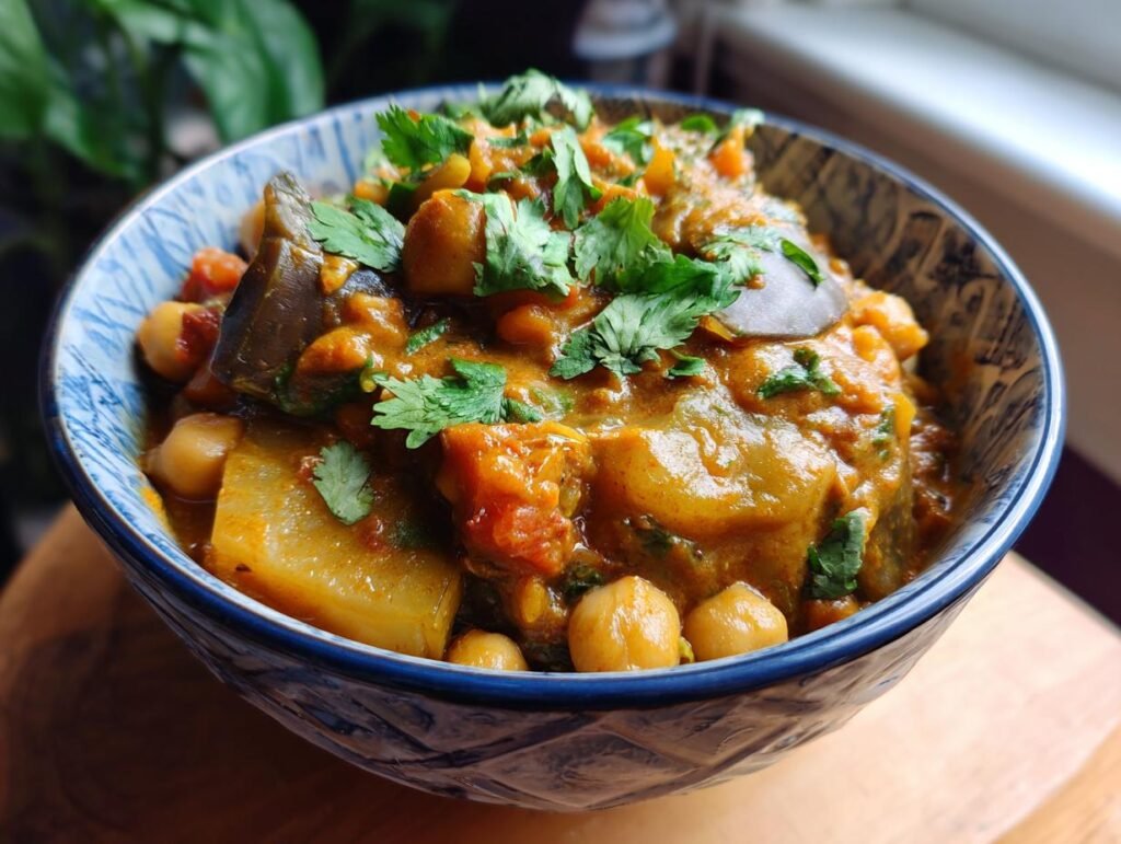 Bowl of Einfaches Auberginen-Curry mit Kichererbsen, garnished with fresh cilantro. A quick vegetarian dish.