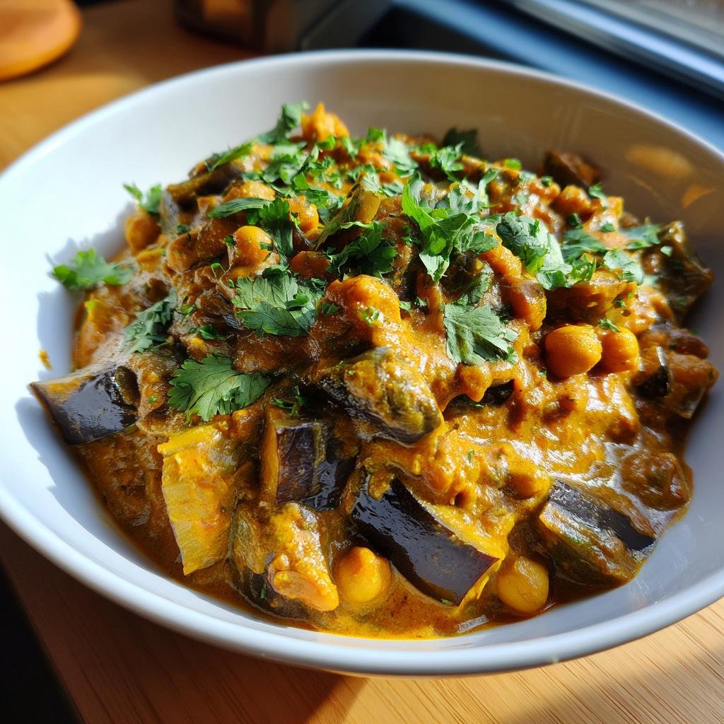 Bowl of Einfaches Auberginen-Curry mit Kichererbsen, garnished with fresh cilantro.