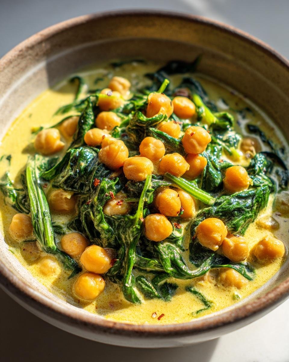 Nahaufnahme von Einfaches Kichererbsen-Spinat-Curry in einer Schüssel, mit Kichererbsen und Spinat in gelber Sauce.
