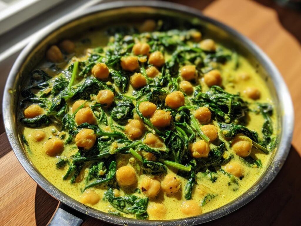 Close-up of Einfaches Kichererbsen-Spinat-Curry (Easy Chickpea Spinach Curry) in a pan, ready to serve.