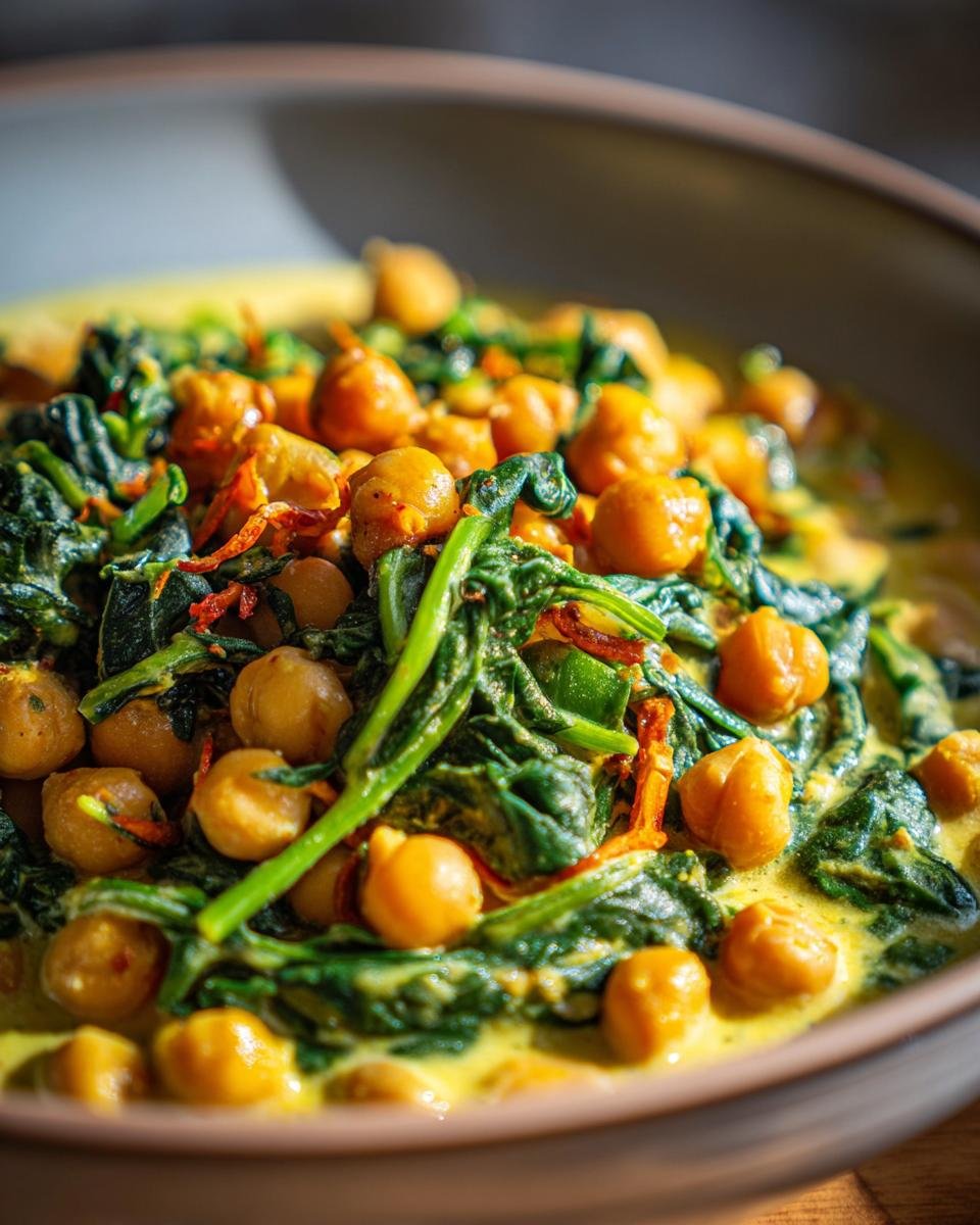 Close-up of Einfaches Kichererbsen-Spinat-Curry in a bowl, showcasing chickpeas and spinach in a creamy curry sauce.