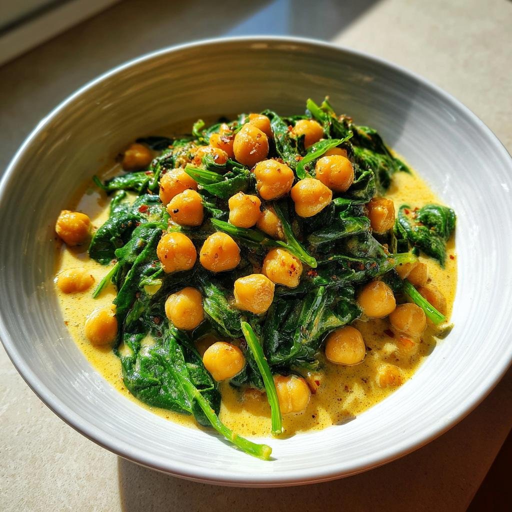 A bowl of Einfaches Kichererbsen-Spinat-Curry, featuring spinach, chickpeas, and a creamy yellow sauce.