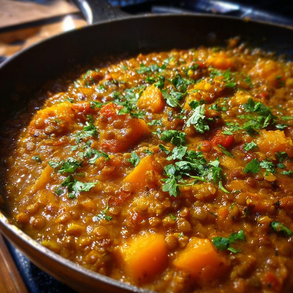 Nahaufnahme von Einfaches Linsen-Kokos-Curry mit Kürbis, serviert in einem Topf und mit frischer Petersilie garniert.