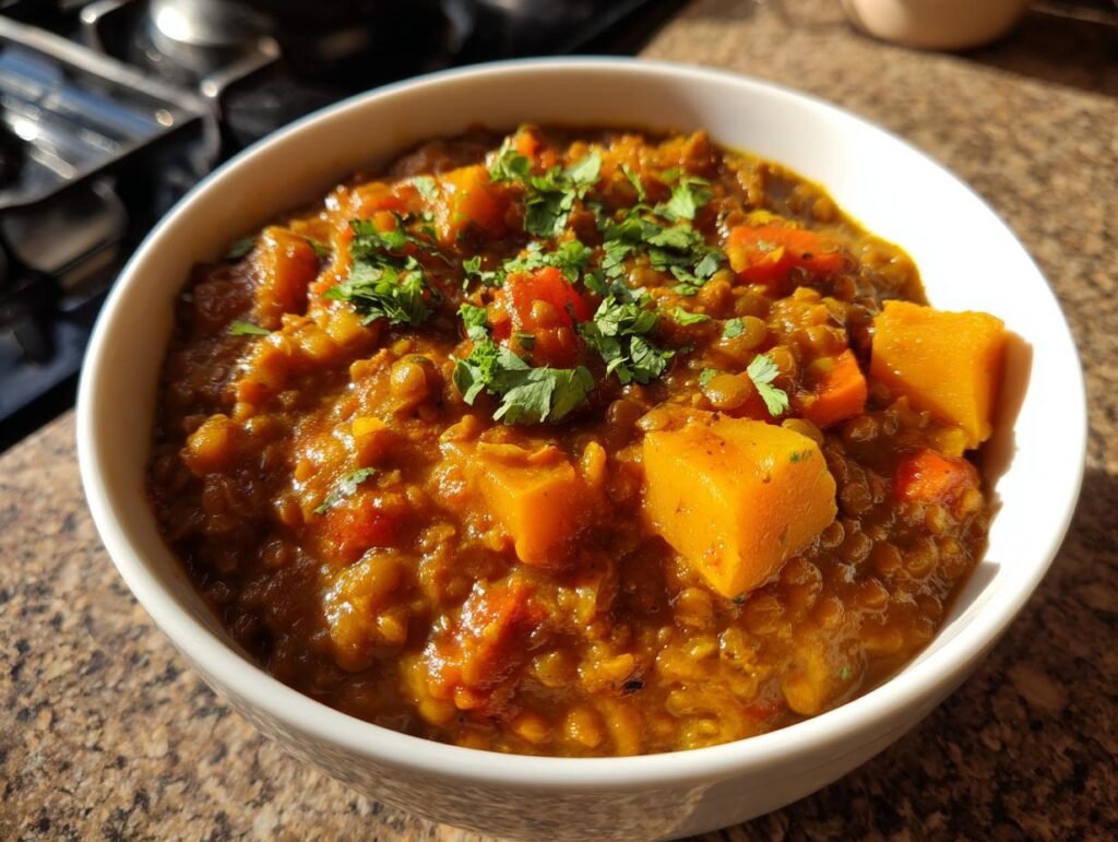 A bowl of Einfaches Linsen-Kokos-Curry mit Kürbis, garnished with fresh herbs.