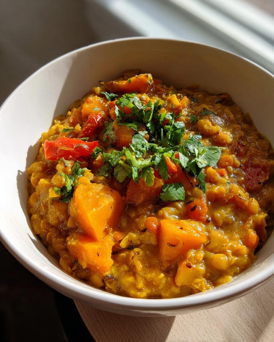 Nahaufnahme von Einfaches Linsen-Kokos-Curry mit Kürbis, serviert in einer Schüssel und mit frischen Kräutern garniert.