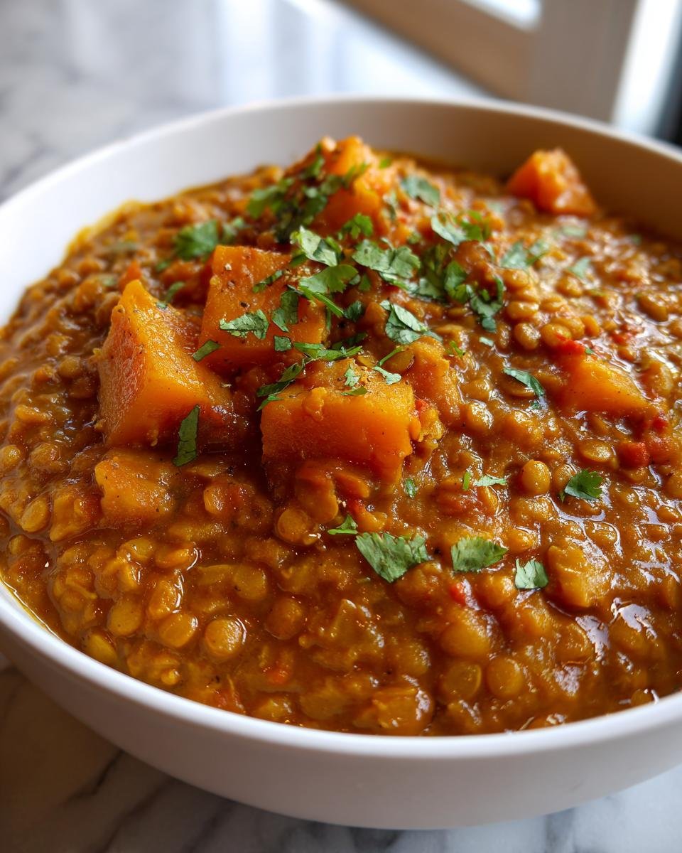 Bowl of Einfaches Linsen-Kokos-Curry mit Kürbis, garnished with fresh cilantro.