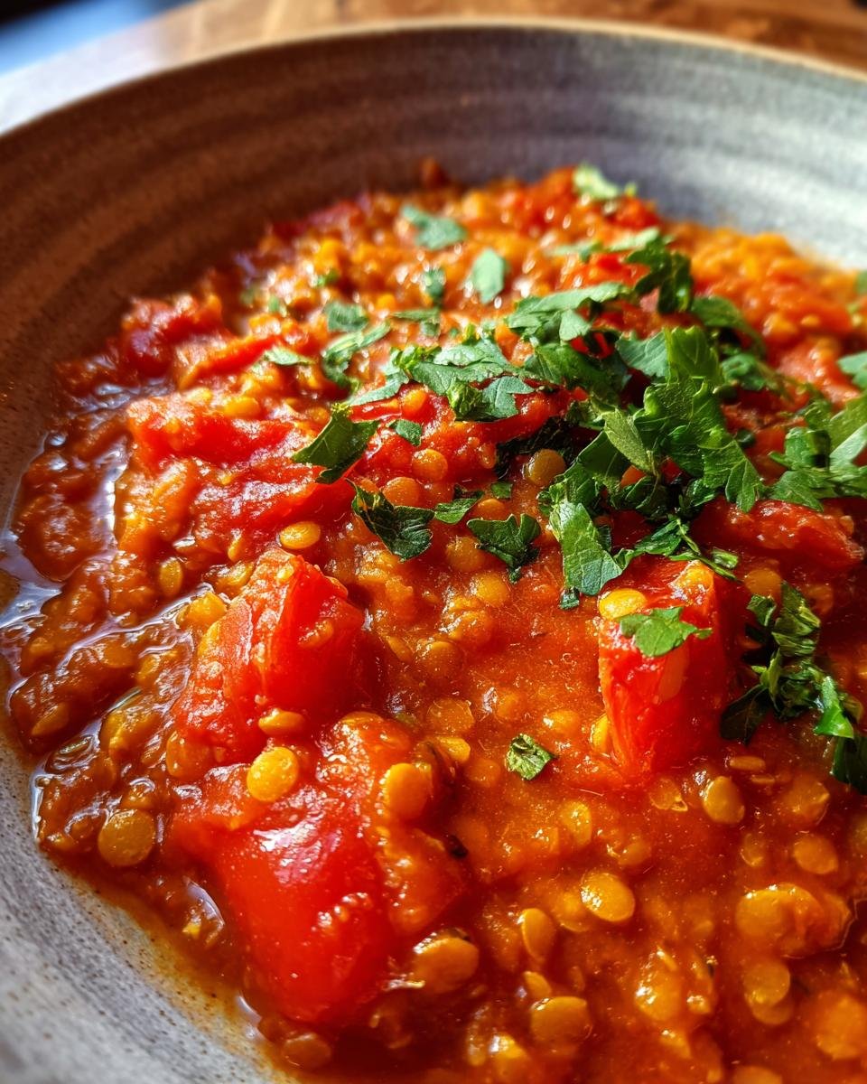 Nahaufnahme eines einfachen Tomaten-Linsen-Currys, garniert mit frischer Petersilie.