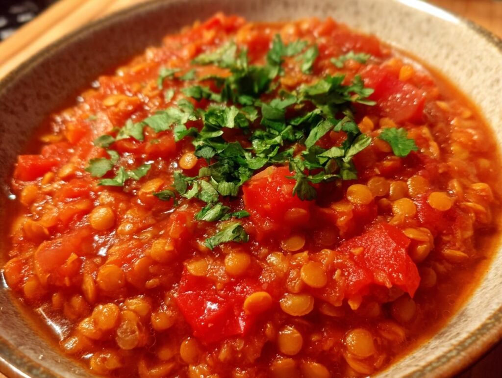 Close-up of a bowl of Einfaches Tomaten-Linsen-Curry, garnished with fresh herbs.