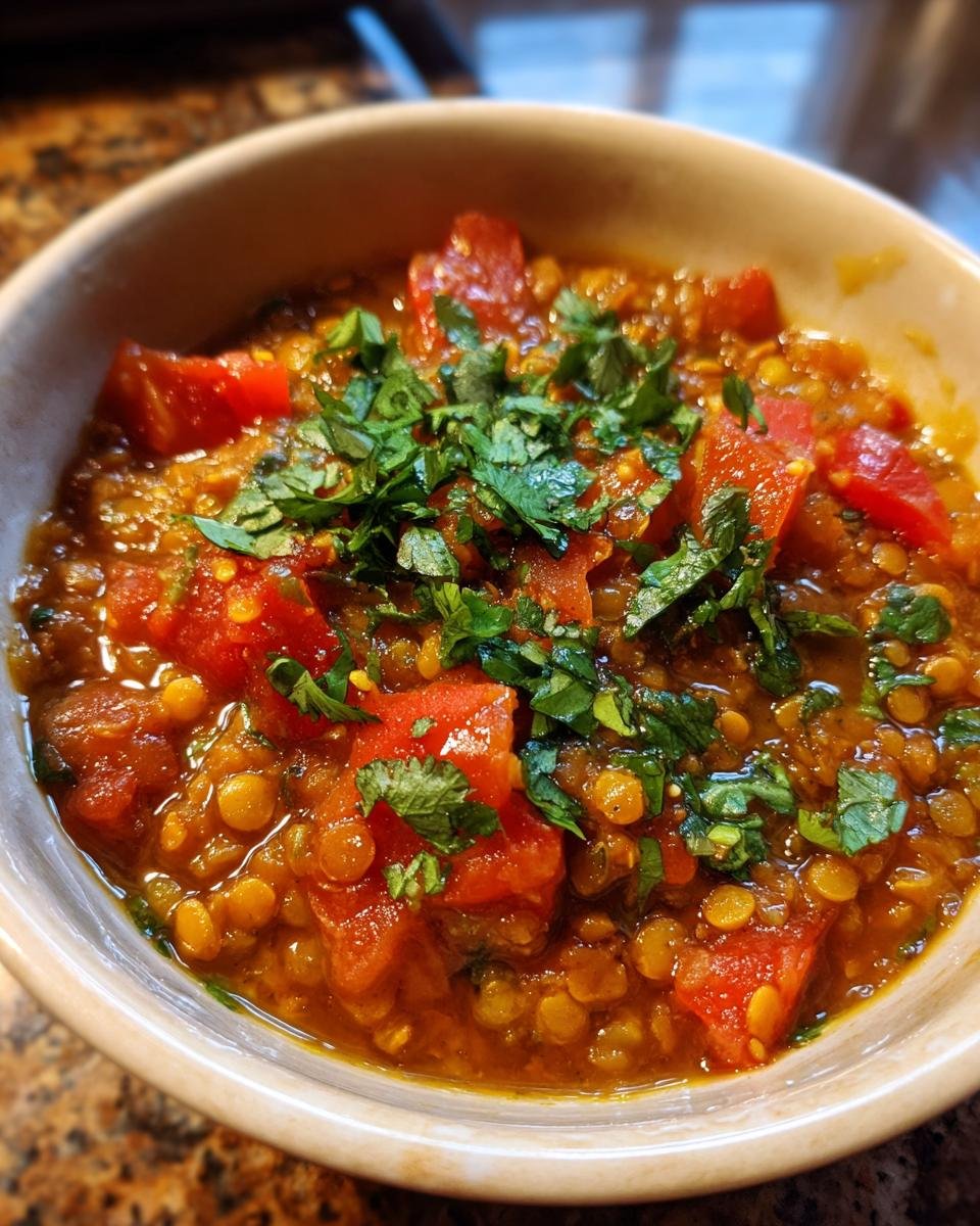 Bowl of Einfaches Tomaten-Linsen-Curry, a quick and easy tomato lentil curry, garnished with fresh herbs.