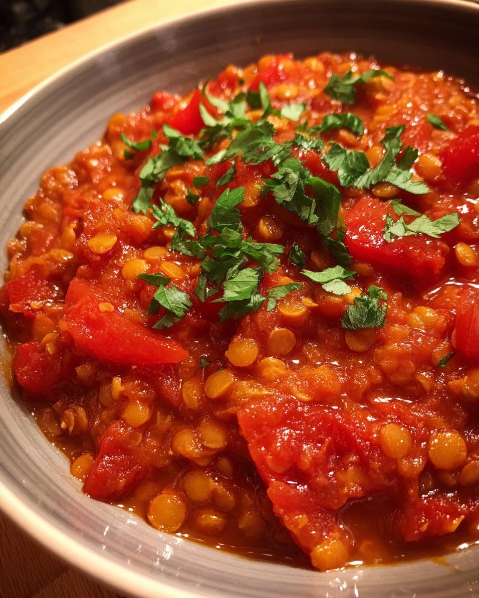 Close-up of Einfaches Tomaten-Linsen-Curry in a bowl, garnished with fresh parsley.