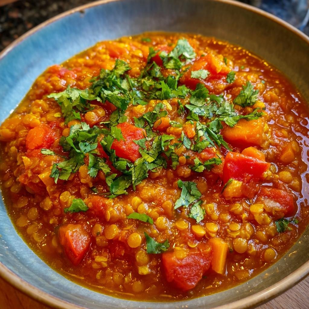 A bowl of Einfaches Tomaten-Linsen-Curry, garnished with fresh cilantro.