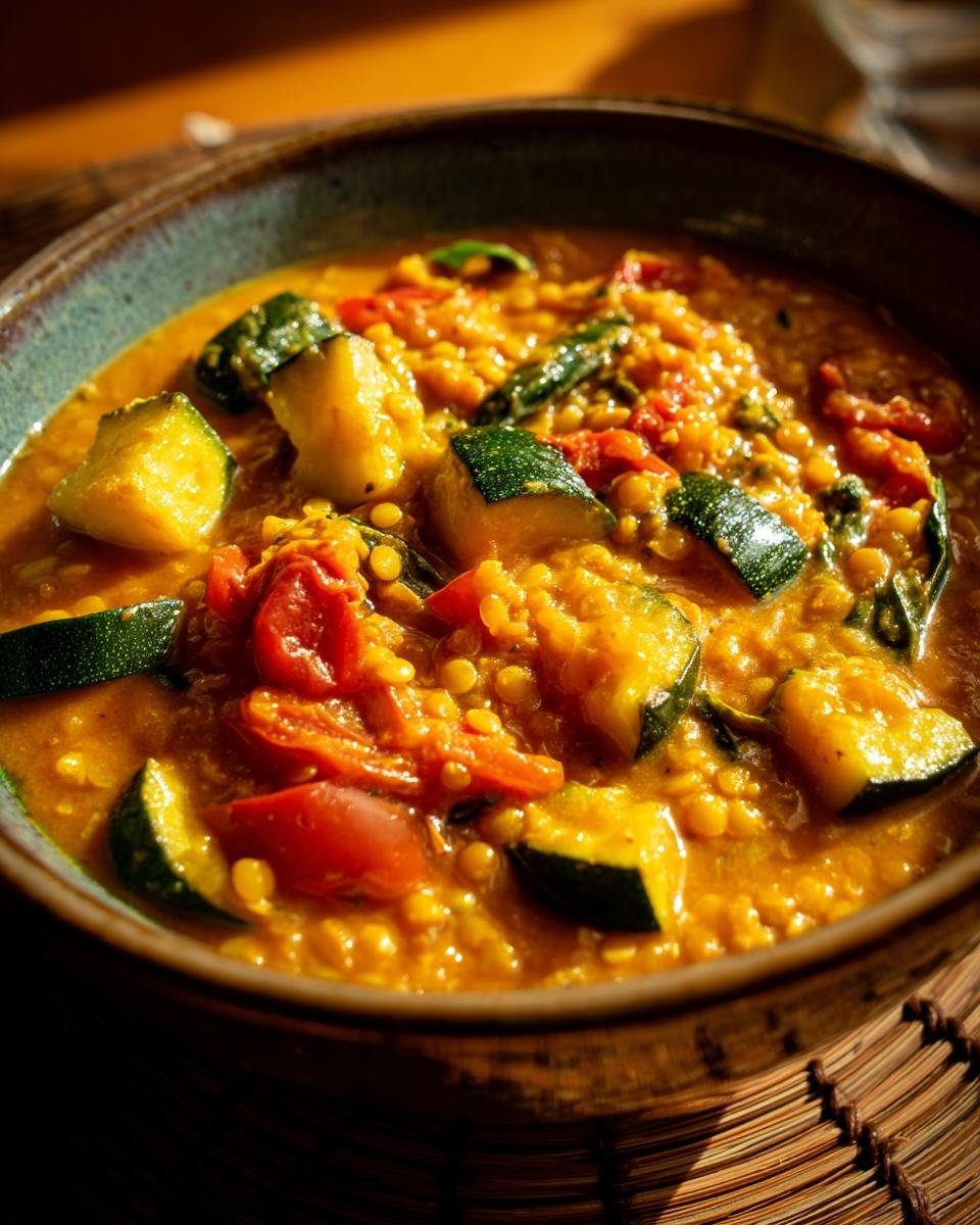 Close-up of Einfaches Zucchini-Linsen-Curry mit Tomaten in a bowl, featuring zucchini, lentils, and tomatoes.