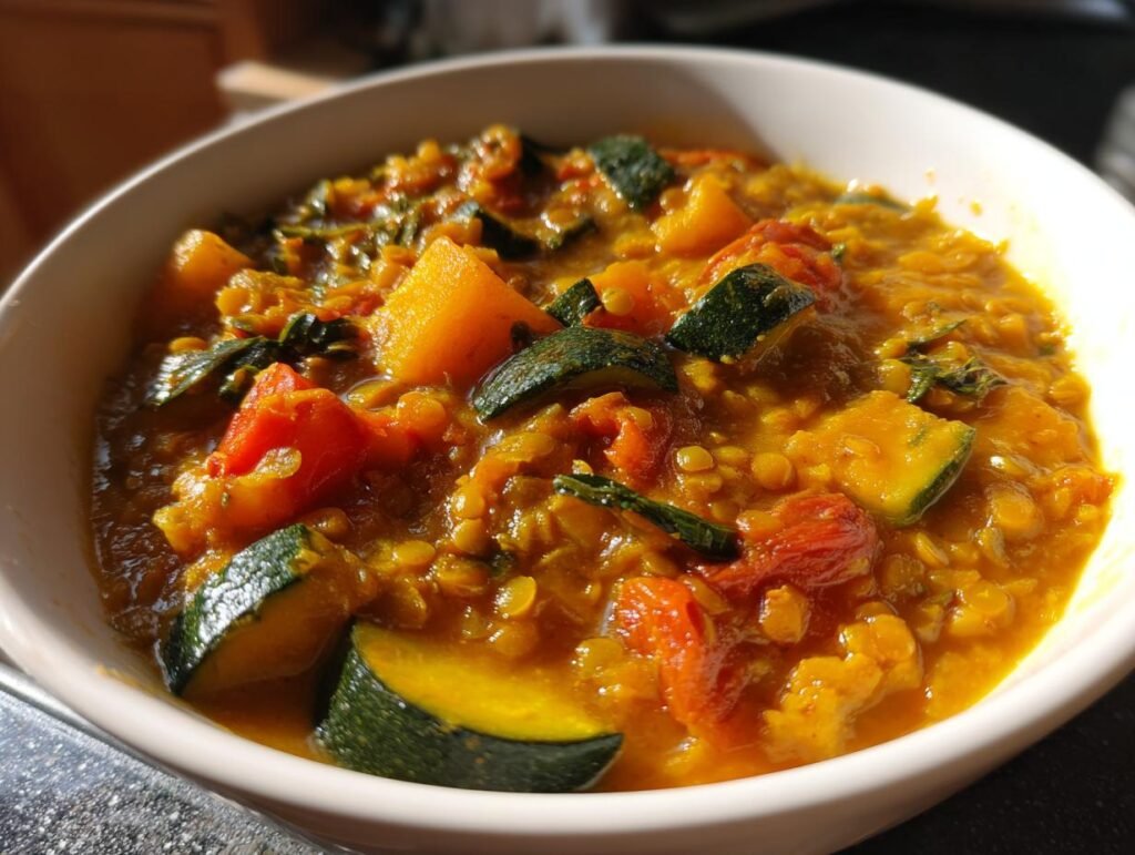 Bowl of Einfaches Zucchini-Linsen-Curry mit Tomaten, featuring zucchini, lentils, and tomatoes in a curry sauce.