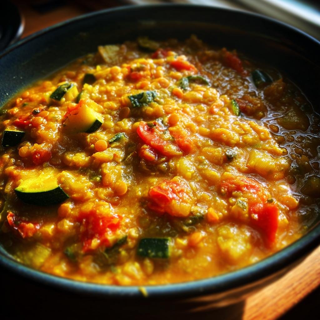 Close-up of Einfaches Zucchini-Linsen-Curry mit Tomaten in a bowl, showing zucchini, lentils, and tomatoes.