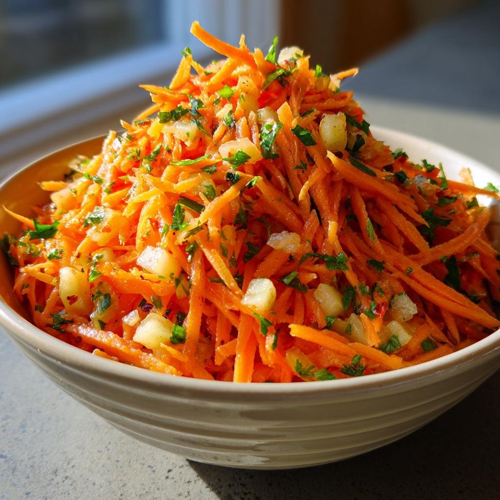 Close-up of Erfrischender Karotten-Salat mit Apfel & Zitronendressing in a bowl, garnished with fresh herbs.