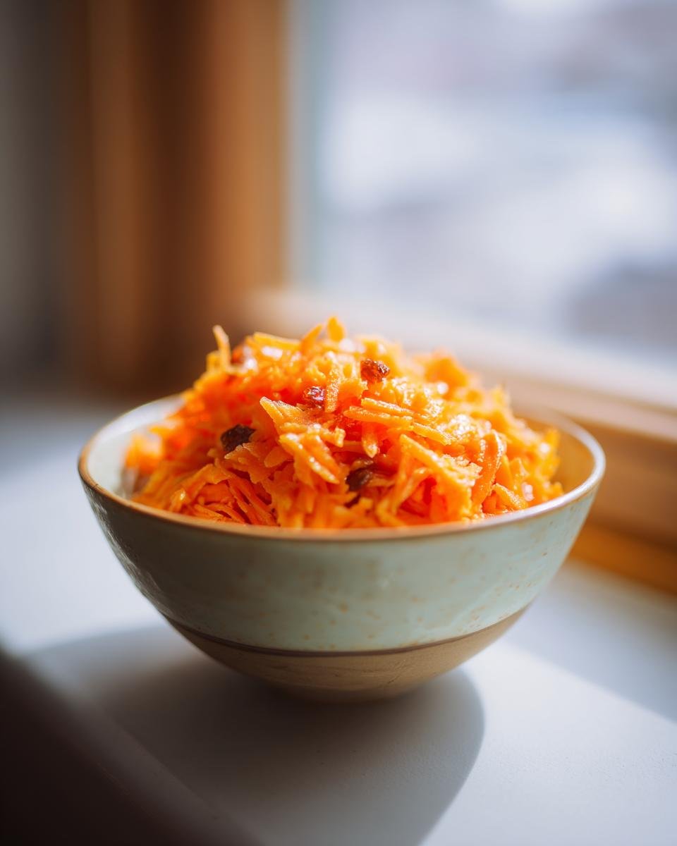 Close-up of Erfrischender Karotten-Salat mit Apfel & Zitronendressing in a bowl, ready to eat.