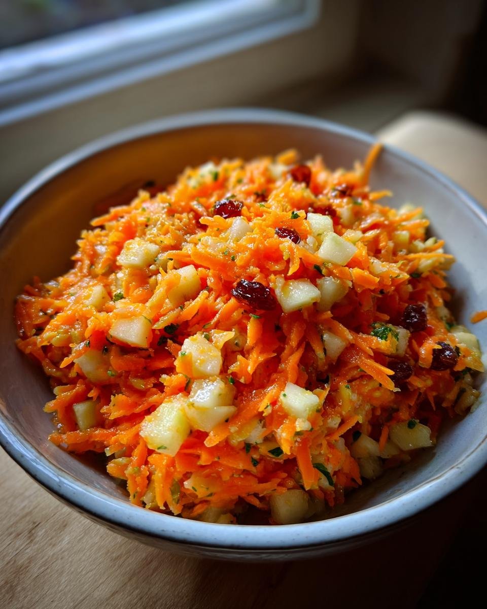Close-up of Erfrischender Karotten-Salat mit Apfel & Zitronendressing in a bowl, garnished with raisins.