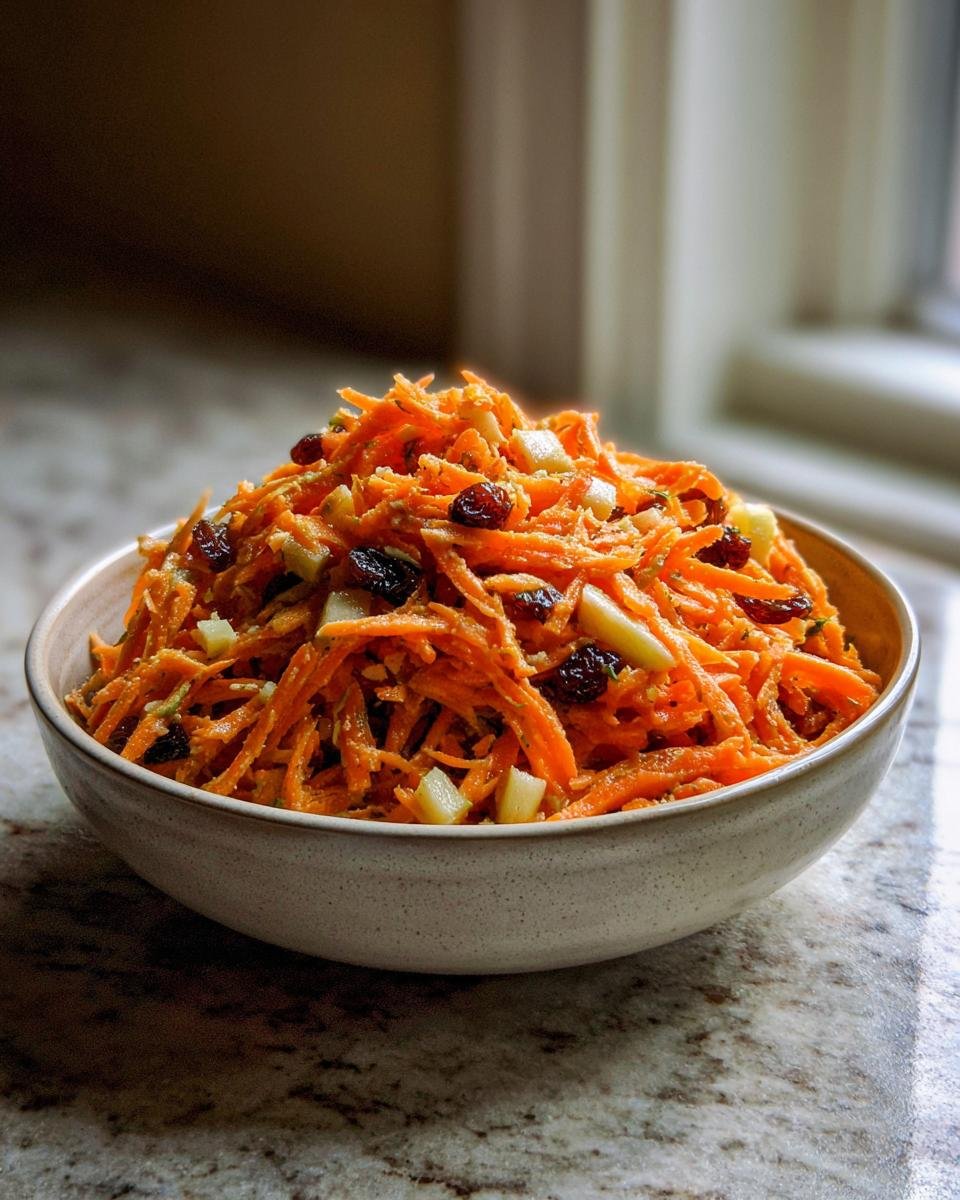 Schüssel mit Erfrischender Karotten-Salat mit Apfel & Zitronendressing, garniert mit Rosinen.