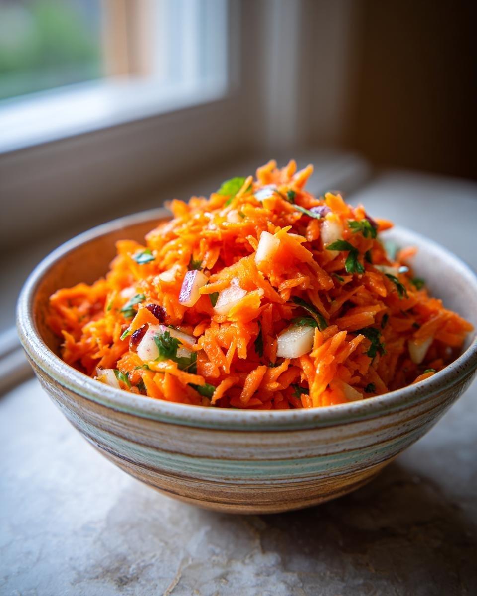 Close-up of Erfrischender Karotten-Salat mit Apfel & Zitronendressing in a bowl, garnished with fresh herbs.